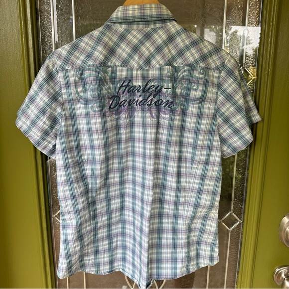 Harley-Davidson Large Short Sleeve Embroidered Blue Purple Silver Plaid Buttonup - Picture 1 of 8